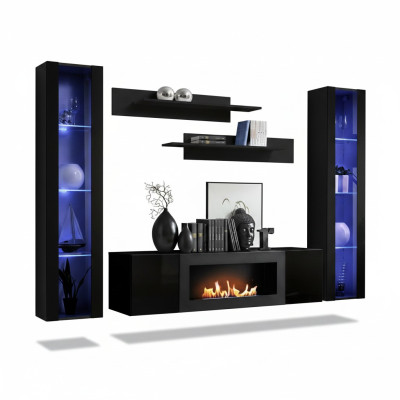 Ensemble complet de 5 pièces - Unité murale de luxe noire en bois avec vitrine suspendue design.