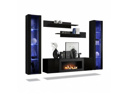 Ensemble complet de 5 pièces - Unité murale de luxe noire en bois avec vitrine suspendue design.