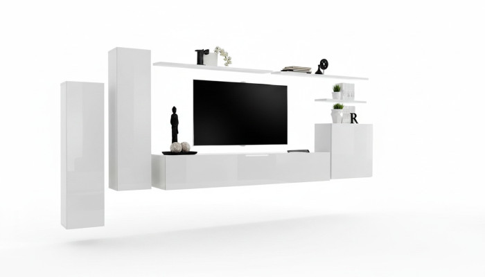 Unité murale Ensemble de salon 7 pièces buffet étagère murale blanc Meuble TV bas armoire murale