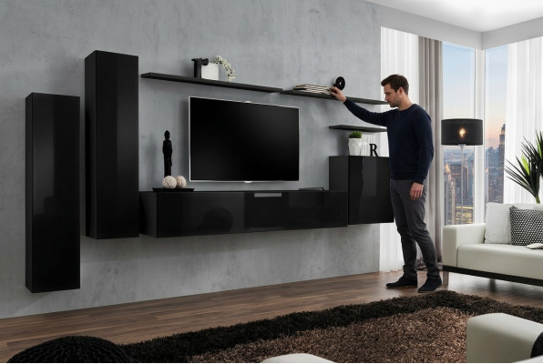 Ensemble complet de 7 pièces Meuble téléviseur mural noir pour salon - meuble mural design