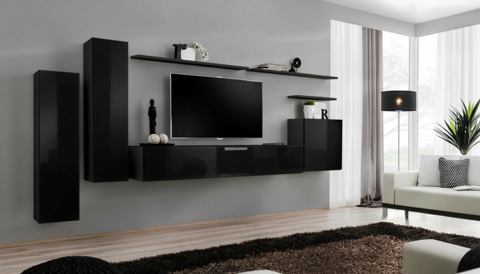 Ensemble complet de 7 pièces Meuble téléviseur mural noir pour salon - meuble mural design