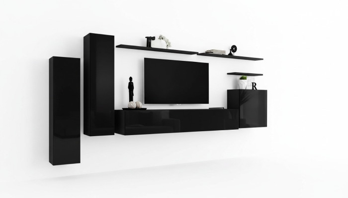 Ensemble complet de 7 pièces Meuble téléviseur mural noir pour salon - meuble mural design