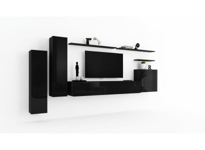 Ensemble complet de 7 pièces Meuble téléviseur mural noir pour salon - meuble mural design
