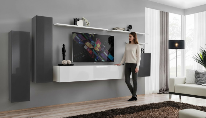 Unité murale pour salon en gris, meuble design de luxe, support TV en bois, étagère murale complète