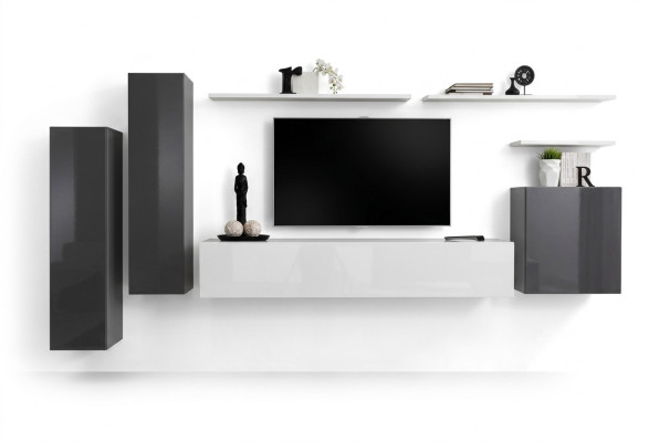 Unité murale pour salon en gris, meuble design de luxe, support TV en bois, étagère murale complète