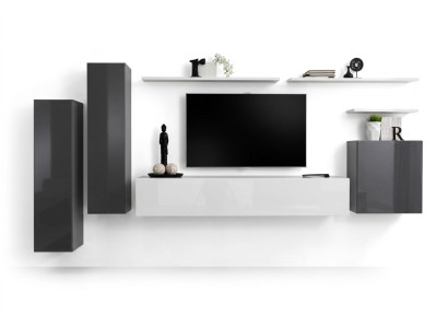 Unité murale pour salon en gris, meuble design de luxe, support TV en bois, étagère murale complète