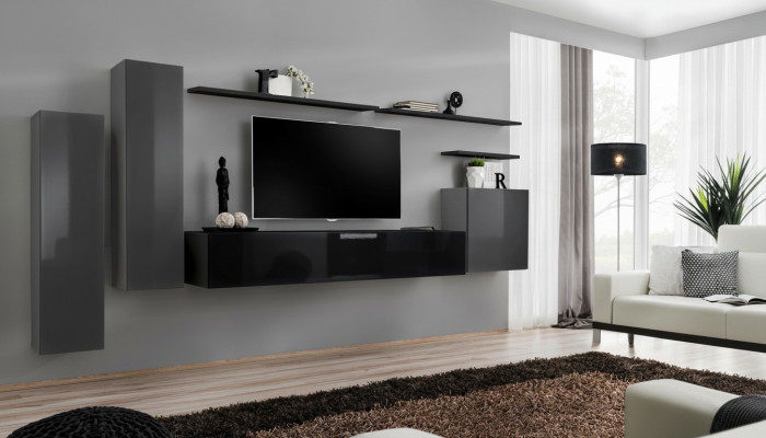 Salon de luxe avec des meubles design modernes, unité murale grise pour la télévision, meuble TV, étagère murale.