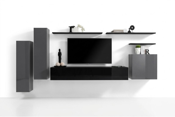 Salon de luxe avec des meubles design modernes, unité murale grise pour la télévision, meuble TV, étagère murale.