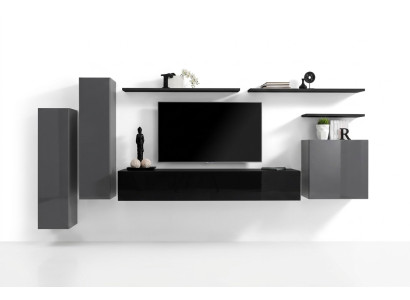Salon de luxe avec des meubles design modernes, unité murale grise pour la télévision, meuble TV, étagère murale.