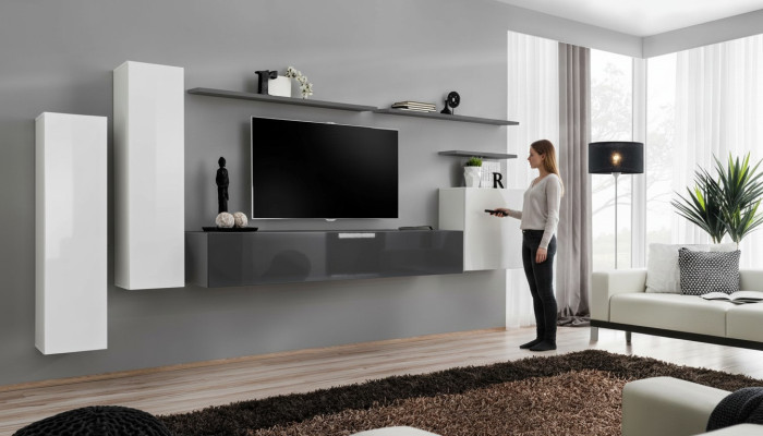 Ensemble de 7 pièces : meuble TV bas de salon, armoire, meuble mural, murs de salon en bois, meubles modernes.