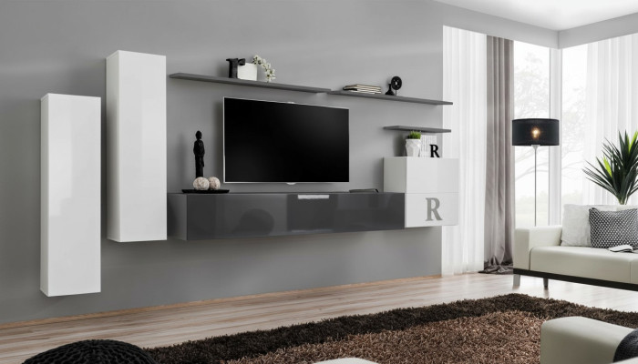 Ensemble de 7 pièces : meuble TV bas de salon, armoire, meuble mural, murs de salon en bois, meubles modernes.