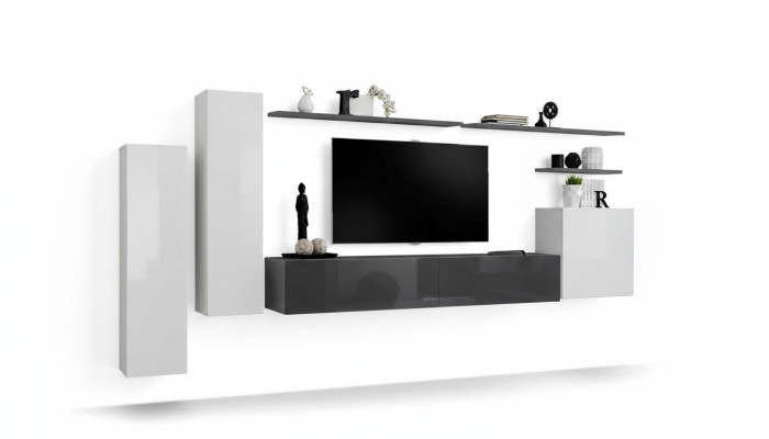 Ensemble de 7 pièces : meuble TV bas de salon, armoire, meuble mural, murs de salon en bois, meubles modernes.