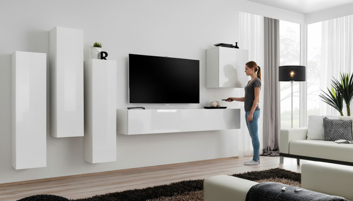 Salon de luxe Ensemble mural blanc Unité murale en bois Meuble TV bas