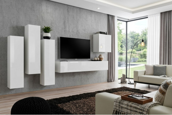 Salon de luxe Ensemble mural blanc Unité murale en bois Meuble TV bas