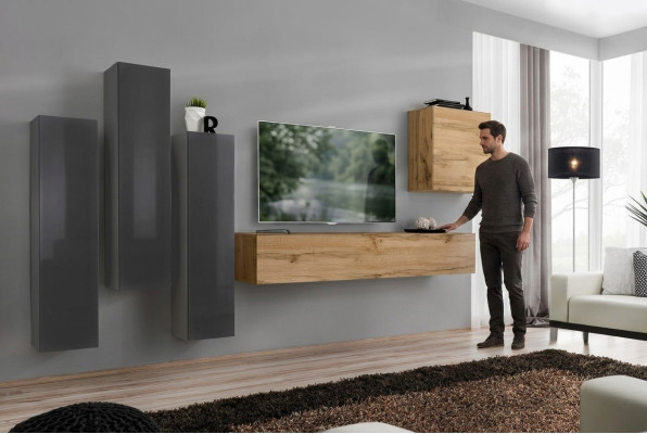 Ensemble mural moderne de 5 pièces en bois gris pour salon, comprenant une armoire, un meuble TV bas, neuf.