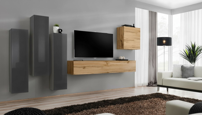 Ensemble mural moderne de 5 pièces en bois gris pour salon, comprenant une armoire, un meuble TV bas, neuf.