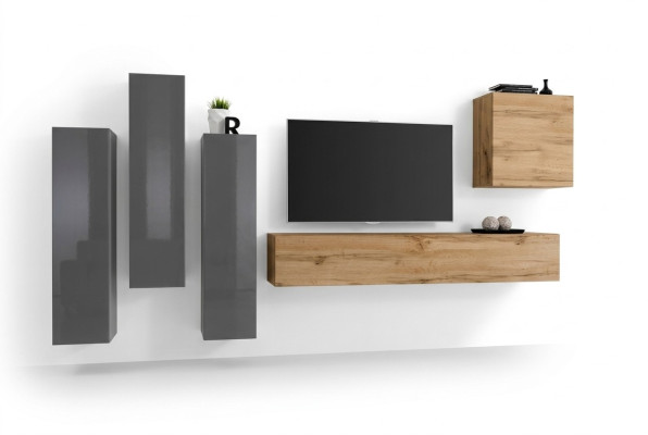 Ensemble mural moderne de 5 pièces en bois gris pour salon, comprenant une armoire, un meuble TV bas, neuf.