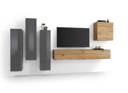 Ensemble mural moderne de 5 pièces en bois gris pour salon, comprenant une armoire, un meuble TV bas, neuf.