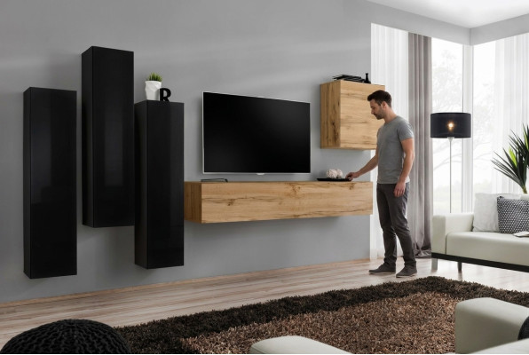 Ensemble complet de salon noir Buffet Meuble TV Armoire Ensemble mural Mobilier de luxe