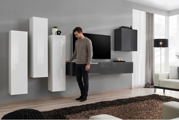 Suite Ensemble mural Salon complet Buffet latéral gris Meuble TV bas Armoire murale