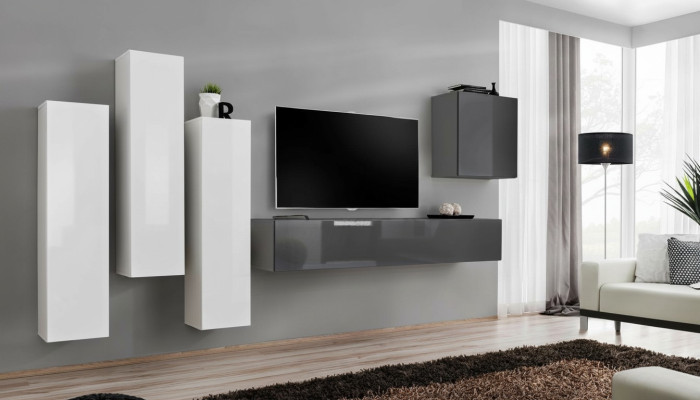 Suite Ensemble mural Salon complet Buffet latéral gris Meuble TV bas Armoire murale