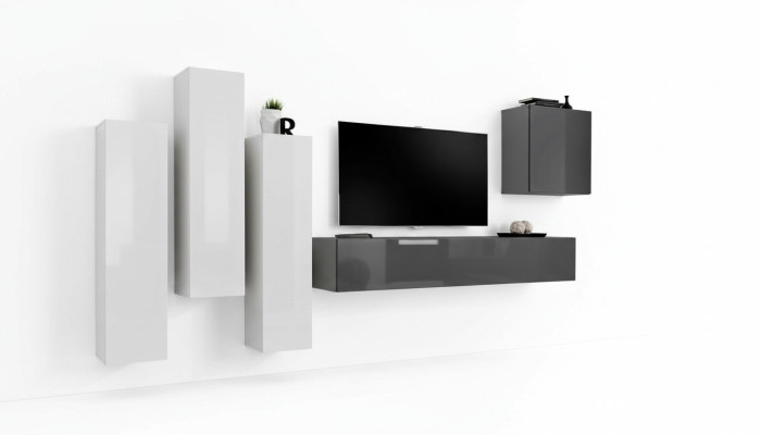 Suite Ensemble mural Salon complet Buffet latéral gris Meuble TV bas Armoire murale