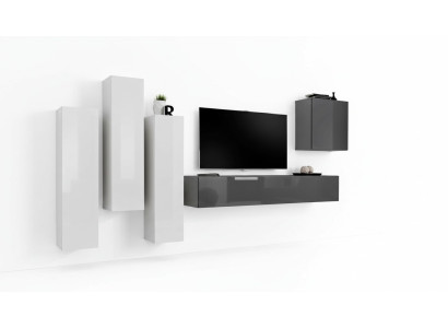 Suite Ensemble mural Salon complet Buffet latéral gris Meuble TV bas Armoire murale