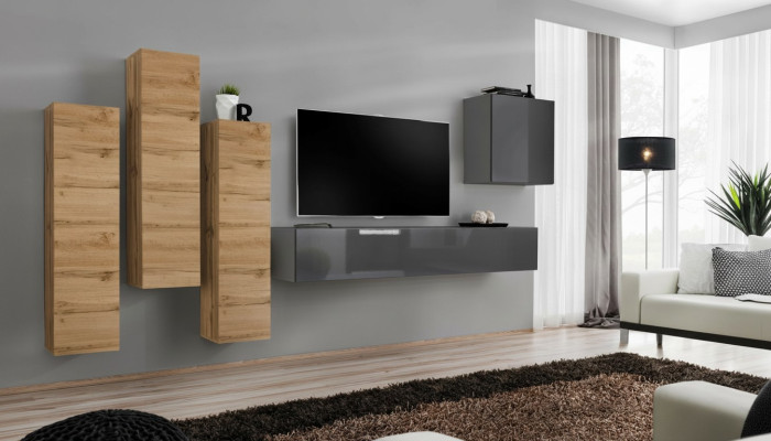 Ensemble murale de luxe 5 pièces. Meuble de salon armoire TV Armoire murale Mobilier gris