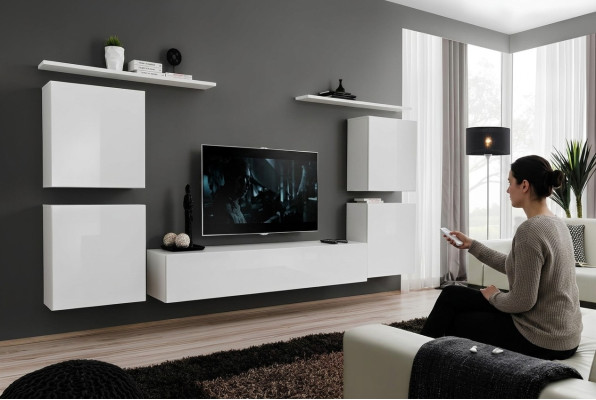 Ensemble complet de 7 pièces Unité murale blanche Salon Luxueux Mobilier moderne Meuble TV