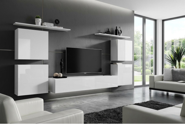Ensemble complet de 7 pièces Unité murale blanche Salon Luxueux Mobilier moderne Meuble TV