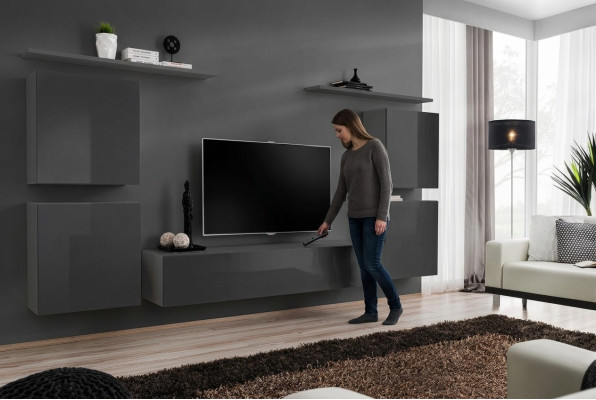 Mur de mur gris Unité murale Salon Mobilier de luxe pour téléviseur Étagère murale Armoire Étagère Nouveau