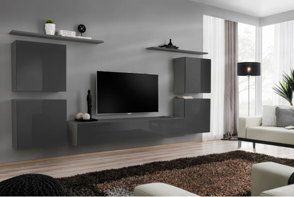 Mur de mur gris Unité murale Salon Mobilier de luxe pour téléviseur Étagère murale Armoire Étagère Nouveau