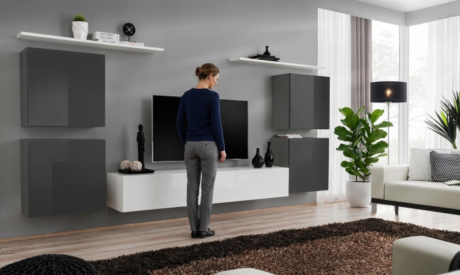 Salle de séjour Ensemble mural blanc Étagère murale Meuble bas TV en bois 2x Vitrine Ensemble mural
