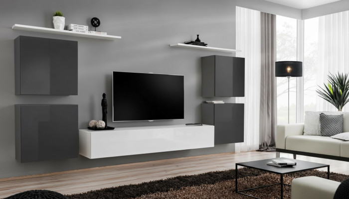 Salle de séjour Ensemble mural blanc Étagère murale Meuble bas TV en bois 2x Vitrine Ensemble mural