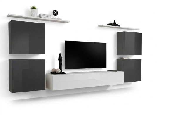 Salle de séjour Ensemble mural blanc Étagère murale Meuble bas TV en bois 2x Vitrine Ensemble mural