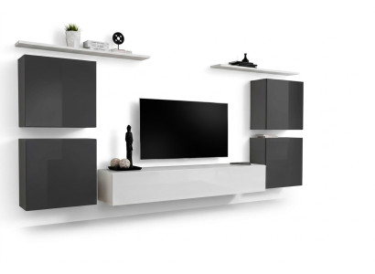 Salle de séjour Ensemble mural blanc Étagère murale Meuble bas TV en bois 2x Vitrine Ensemble mural
