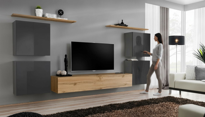 Unité murale de luxe complète Étagère murale design 7 pièces Salon Marron Meuble TV bas