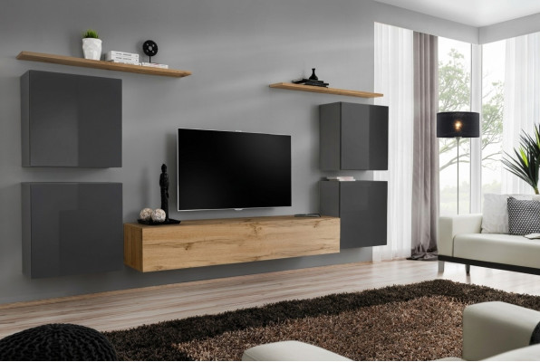 Unité murale de luxe complète Étagère murale design 7 pièces Salon Marron Meuble TV bas