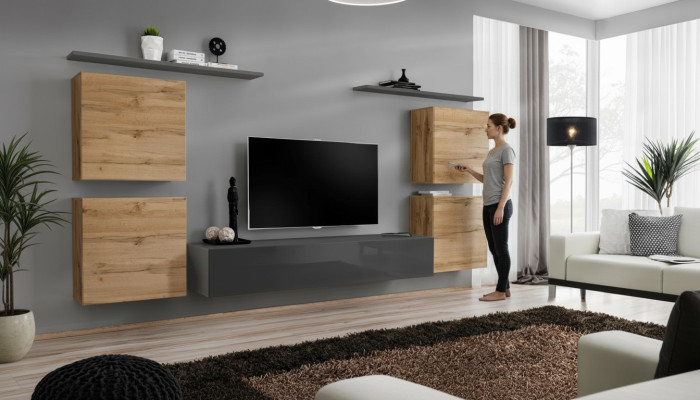 Meubles en bois Unité murale Salon Gris Étagère murale Aménagements de luxe Nouveau
