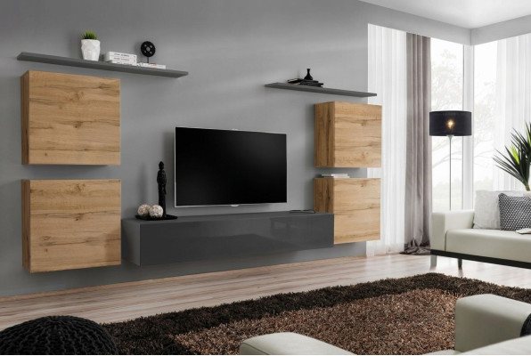 Meubles en bois Unité murale Salon Gris Étagère murale Aménagements de luxe Nouveau