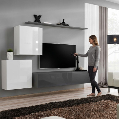 Ensemble de meubles pour le salon en gris comprenant un buffet, une étagère murale en bois design, ensemble de 4 pièces.