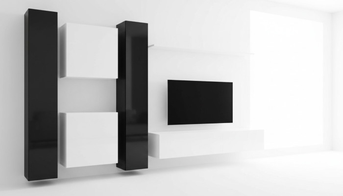 Unité murale blanche, meuble de salon design, meuble TV, buffet