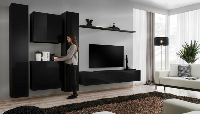 Unité murale noire avec support TV Mobilier de salon de luxe Ensemble complet de 6 pièces Moderne
