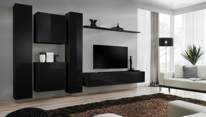 Unité murale noire avec support TV Mobilier de salon de luxe Ensemble complet de 6 pièces Moderne