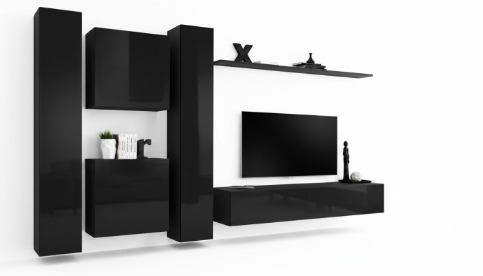 Unité murale noire avec support TV Mobilier de salon de luxe Ensemble complet de 6 pièces Moderne