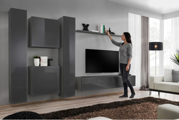 Unité murale de designer Gris Mobilier de salon de luxe Ensemble complet de meubles de côté