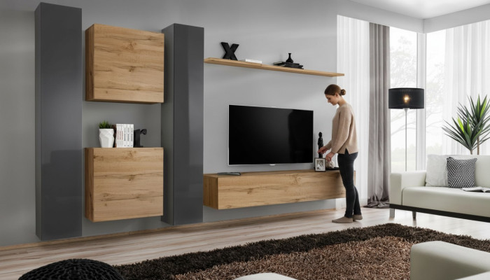 Ensemble mural Braun Designer Sideboard Moderne TV Lowboard Étagère murale de salon