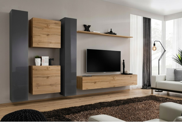 Ensemble mural Braun Designer Sideboard Moderne TV Lowboard Étagère murale de salon