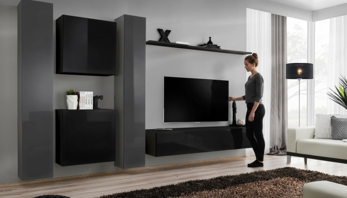 Ensemble de meubles de salon noir design comprenant un nouveau mur TV, une table basse et un buffet.