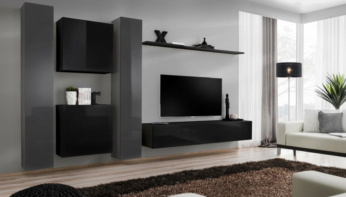Ensemble de meubles de salon noir design comprenant un nouveau mur TV, une table basse et un buffet.